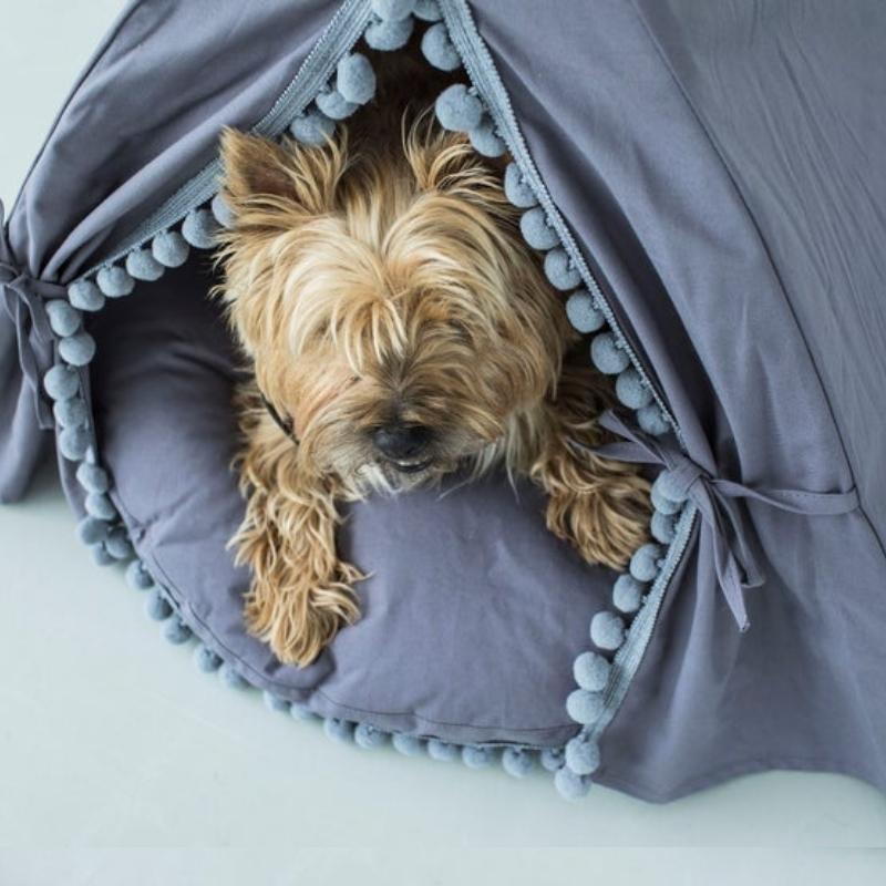 Gray Boho Pompom Teepee for Dogs and Cats - Western Nest, LLC