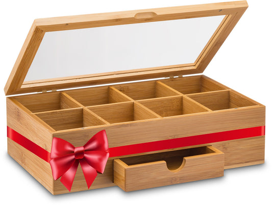 Bamboo Tea Storage Box with 8 Storage Compartments