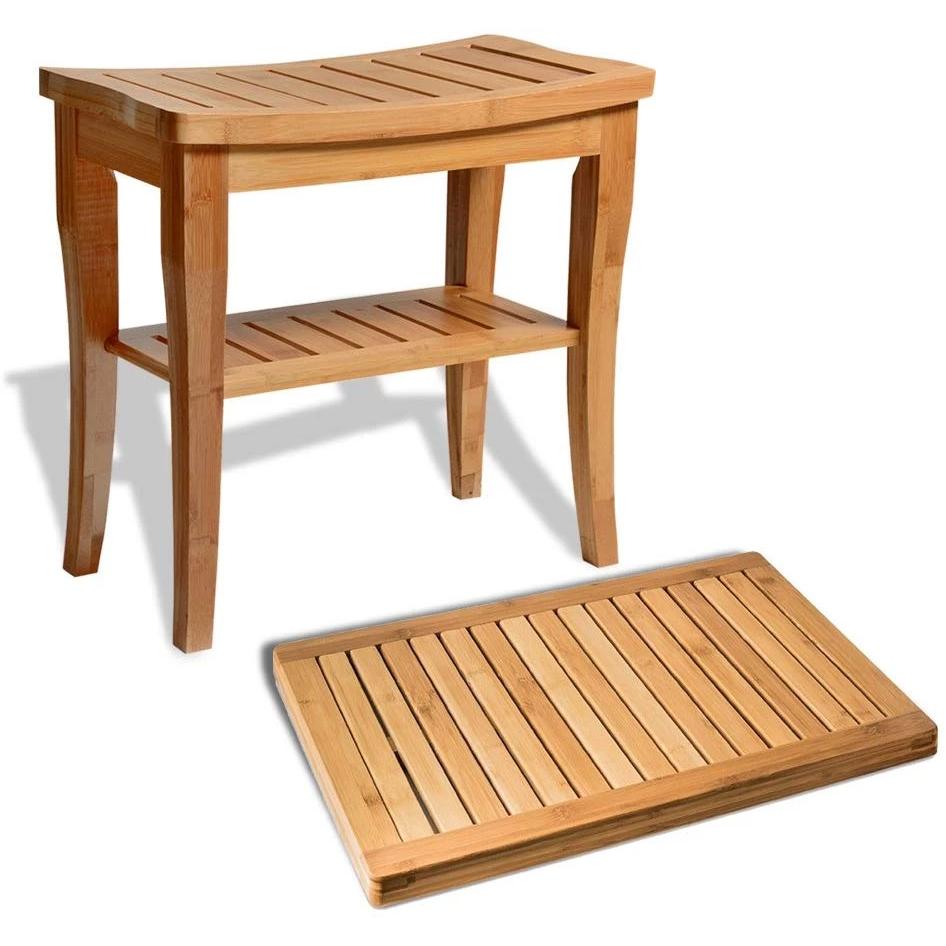 Bamboo Shower Stool with Storage Shelf and Floor Mat