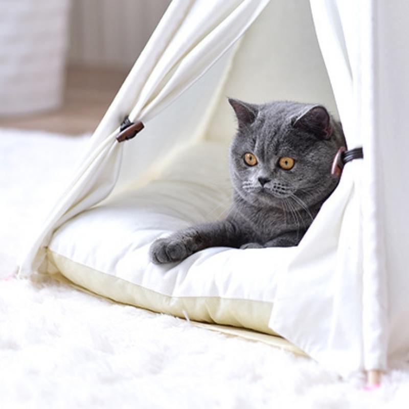 White Canvas Cat Teepee with Soft Cat Bed Cushion