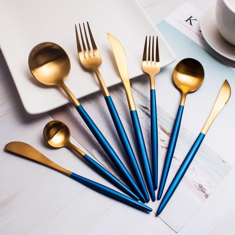 Gold and Blue 24-Piece Dinnerware Cutlery Set