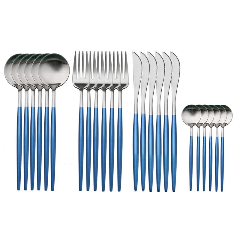 Silver and Blue 24-Piece Dinnerware Cutlery Set