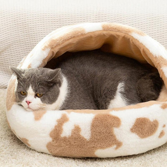 Cow Patch Round Plush Cat Cave Bed - Western Nest, LLC