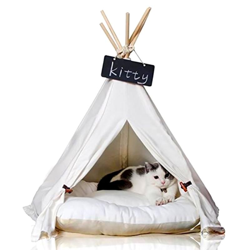 White Canvas Cat Teepee with Soft Cat Bed Cushion