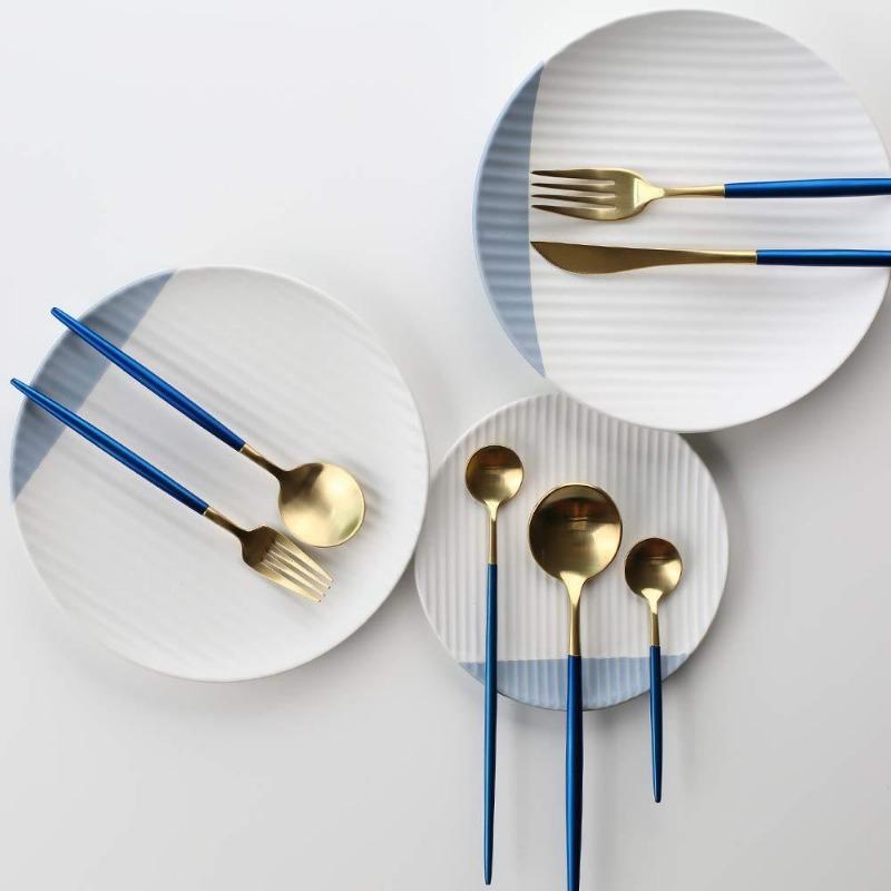 Gold and Blue 24-Piece Dinnerware Cutlery Set