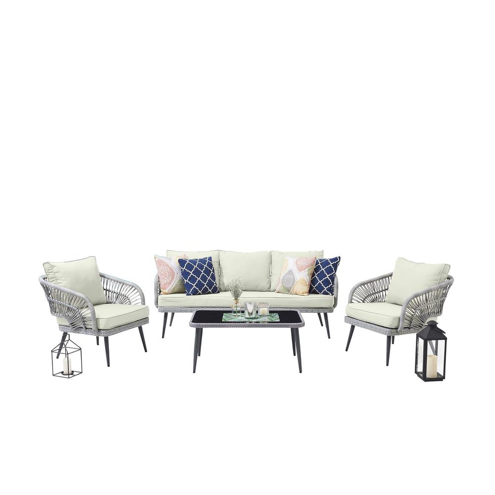 Manhattan Comfort Riviera Rope Wicker 4-Piece 5 Seater Patio Conversation Set w/ Cushions in Cream