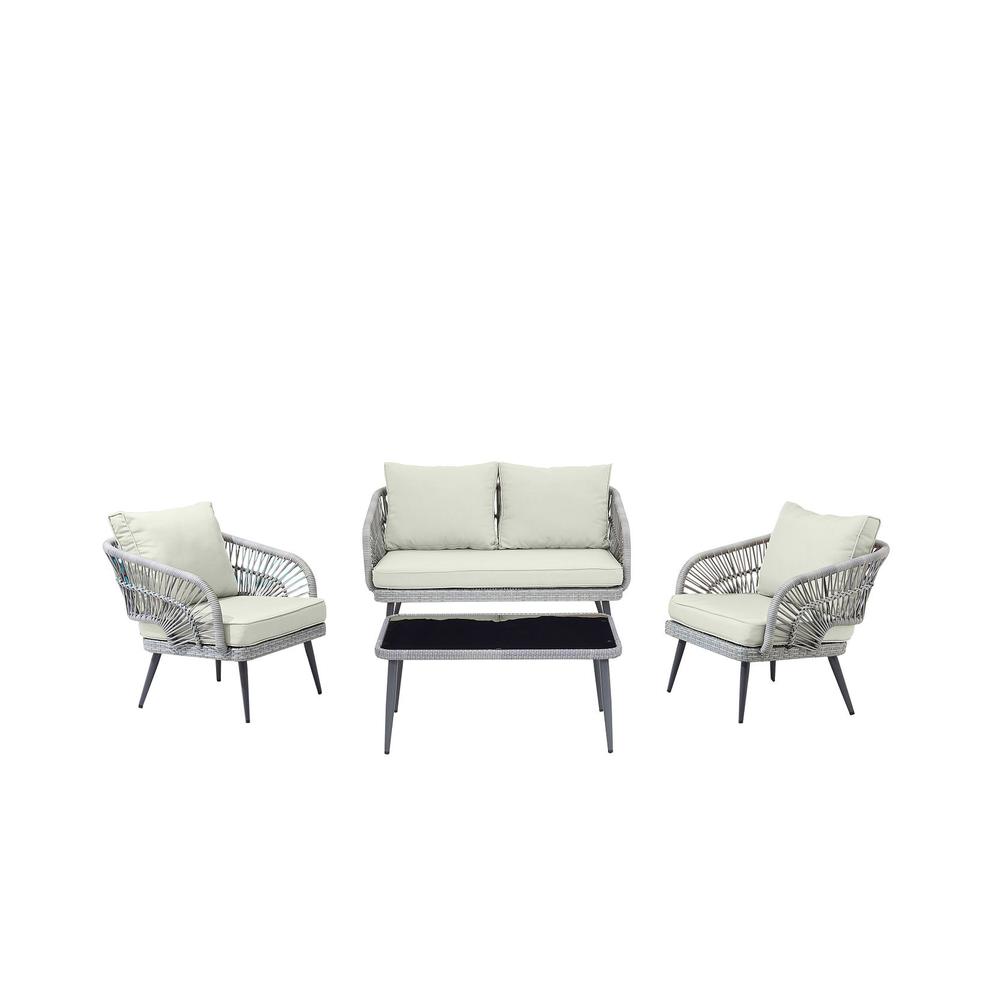Manhattan Comfort Riviera Rope Wicker 4-Piece 4 Seater Patio Conversation Set w/ Cushions in Cream