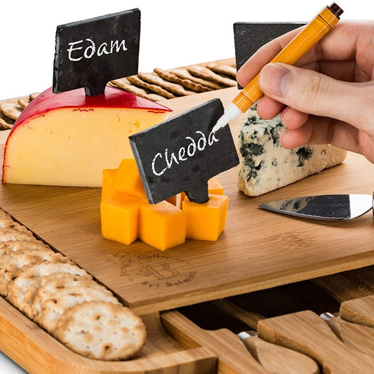 Cheese Board Set with Slide Out Drawer, Includes - 4 Knifes - 3 Slates, 2 Chalks