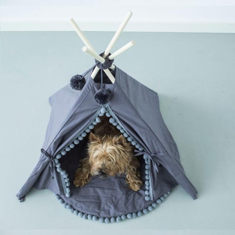 Gray Boho Pompom Teepee for Dogs and Cats - Western Nest, LLC