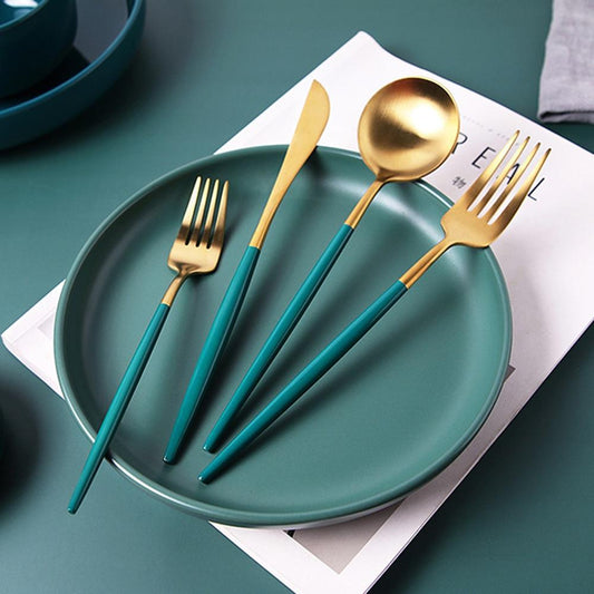 Gold and Green 24-Piece Dinnerware Cutlery Set