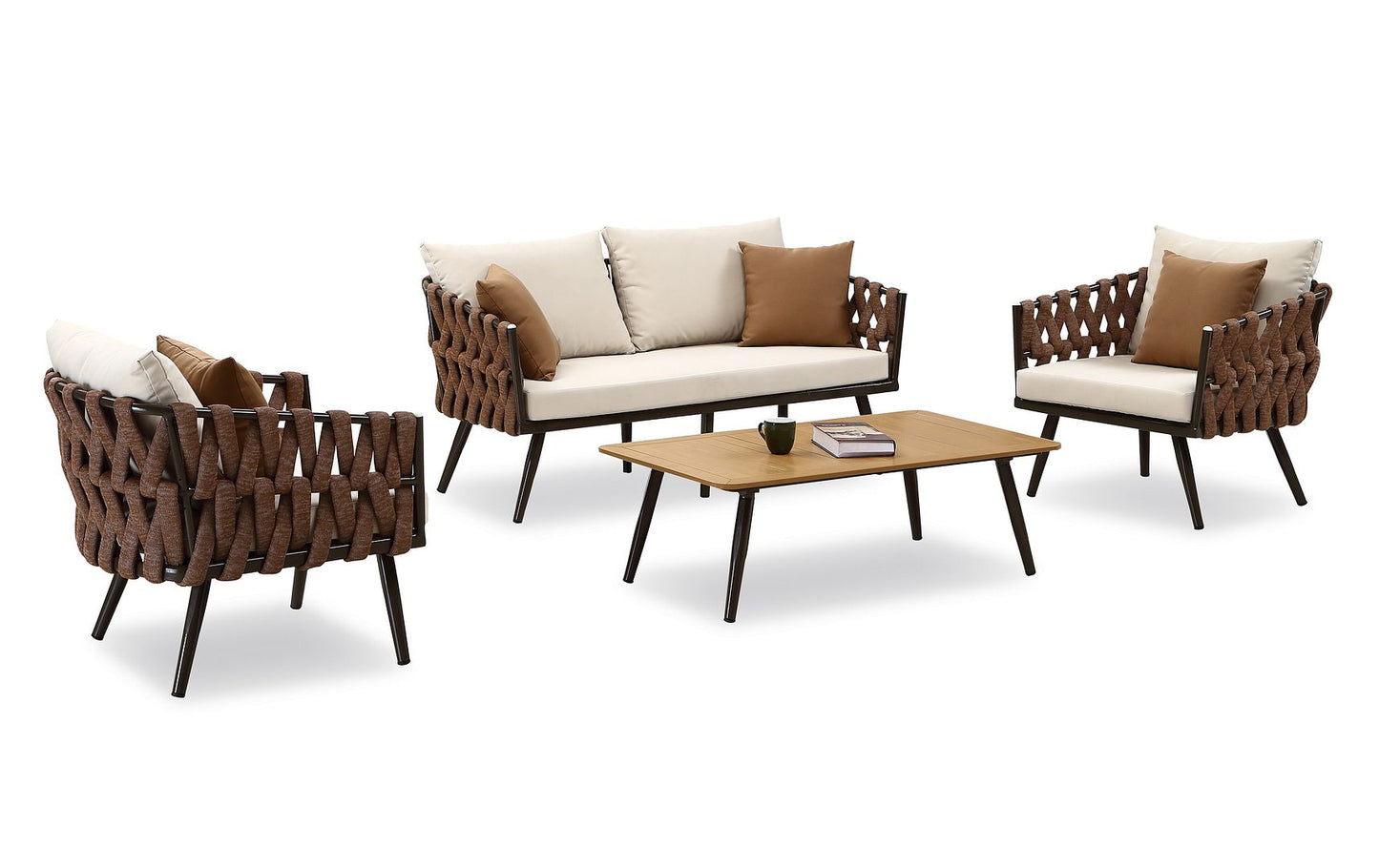 Manhattan Comfort Crown 4-Piece Metal Patio Conversation Set with Brown and White Cushions