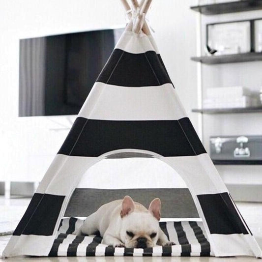 Black and White Striped Dog Teepee with Dog Bed - Western Nest, LLC