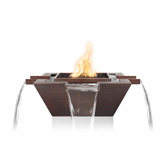 Fire and Water Bowl Match Lit / Natural Gas The Outdoor Plus 30" Maya Hammered Copper 4-Way Spillway Square Fire & Water Bowl